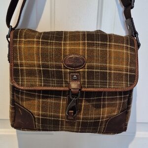 Fossil Unisex Plaid Messenger Bag with Brown Trim & Crossbody/shoulder strap.